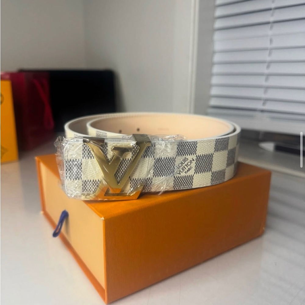 Louis Vuitton Checkered Belt with Gold Buckle